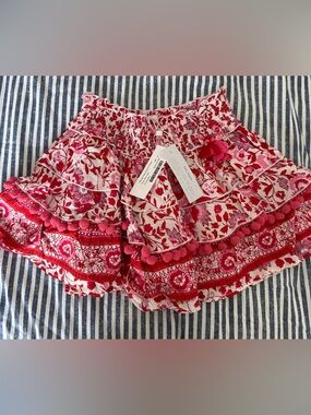 Poupette St. Barth Girls Pink and Red Ariel Floral Tiered Skirt